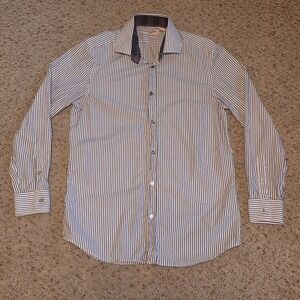 Burberry London Mens Striped Tailored Fit Button Down Shirt Navy Wht 15.5 32-33